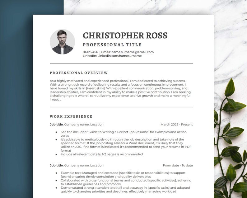 May include: A black and white resume template with a professional headshot. The resume includes a professional overview, work experience, and contact information. The text on the resume includes the name Christopher Ross, a phone number, email address, and LinkedIn profile.