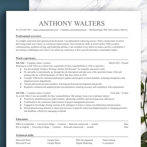 Może przedstawiać: Profesjonalny szablon CV z imieniem i nazwiskiem "ANTHONY WALTERS" na górze, a następnie danymi kontaktowymi. CV zawiera sekcje dotyczące podsumowania zawodowego, doświadczenia zawodowego, wykształcenia i umiejętności technicznych. Projekt jest czysty i nowoczesny, z białym tłem i ciemnoniebieską obwódką.