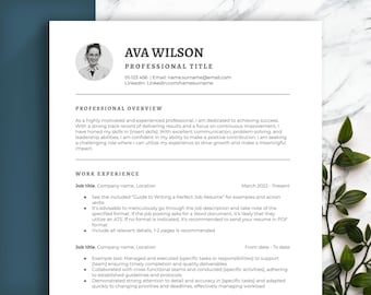 MODERN MINIMALIST 1-column resume  with photo. Templates in Word, Google Docs and Mac Pages. Easy to edit Resume Template. Curriculum Vitae