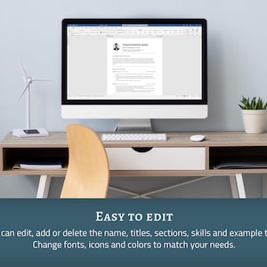 May include: A computer screen displaying a resume template in a word processing program. The resume is for Christopher Ross and includes sections for experience, education, and skills. The text "EASY TO EDIT" is displayed below the computer screen.