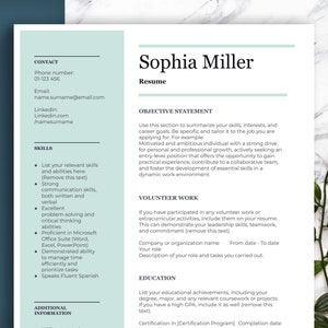 May include: A resume template with a light teal header and sidebar. The resume includes sections for contact information, skills, objective statement, volunteer work, and education. The name "Sophia Miller" is prominently displayed at the top.