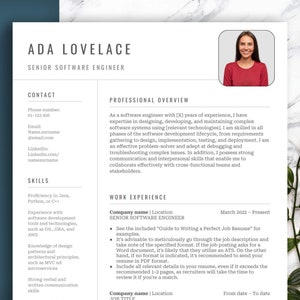 May include: A professional CV template with the name "ADA LOVELACE" and the title "SENIOR SOFTWARE ENGINEER." The CV includes sections for contact details, skills, professional overview, and work experience. A headshot of a smiling person is in the upper right corner.