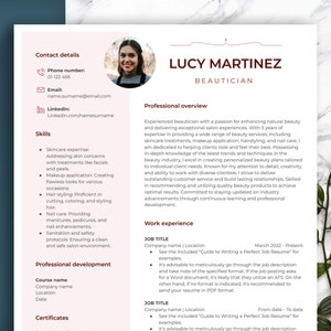 May include: A resume template for a beautician, featuring the name Lucy Martinez. The document lists contact details, skills like skincare and hair styling, and professional experience. The resume is designed with a clean layout and includes a photo.