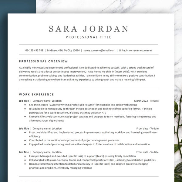 CLEAN MODERN ATS-friendly resume template in Microsoft Word, Google Docs & Mac Pages. Easy to edit professional Curriculum Vitae template