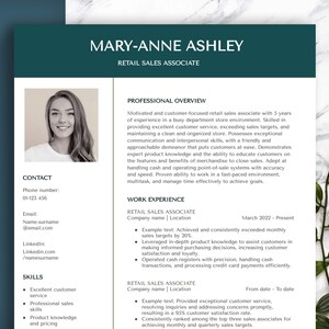 Plantilla de currículum para profesional de ventas minoristas con texto de ejemplo. Disponible en Word, Pages y Google Docs, con carta de presentación y referencias.