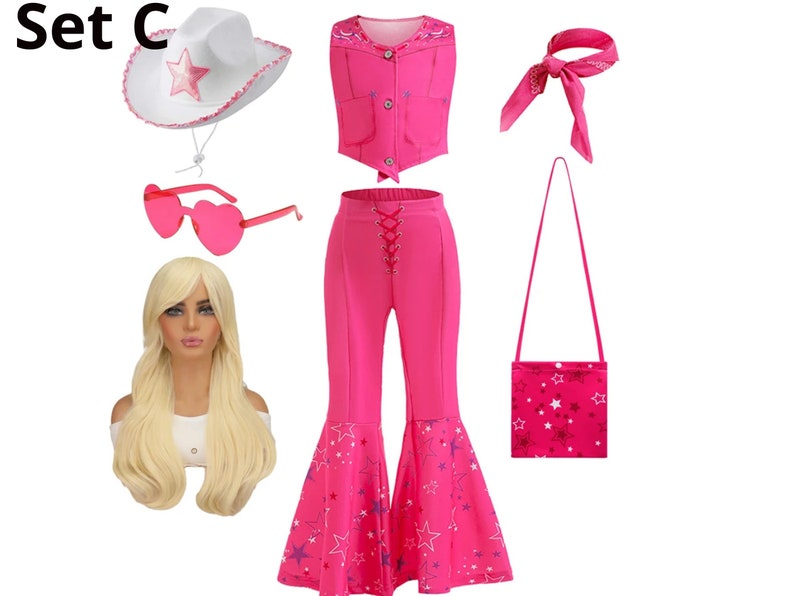 Girls New Movie Barbi Costume Margot Robbie Barbe Pink TopTrousers Kids Halloween Cospaly Children Clothes Set C