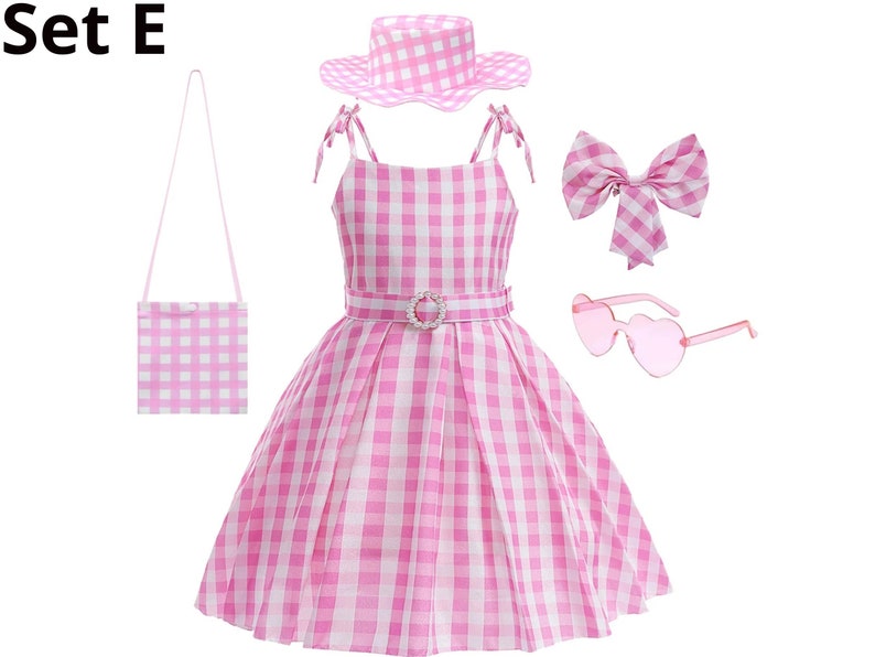 Girls New Movie Barbi Costume Margot Robbie Barbe Pink TopTrousers Kids Halloween Cospaly Children Clothes Set E