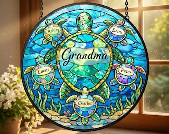 Atrapasueños de vitral de tortuga personalizado con los nombres de los nietos, adorno colgante de ventana de tortuga marina personalizado, regalo para la abuela, regalo para la abuela, tortuga marina