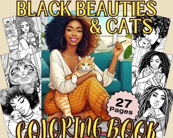27 Black Women and Their Cats Kleurplaten: The Black Beauties & Cats Kleurboek voor zwarte meisjes, volwassene, tiener, digitaal, afdrukbaar