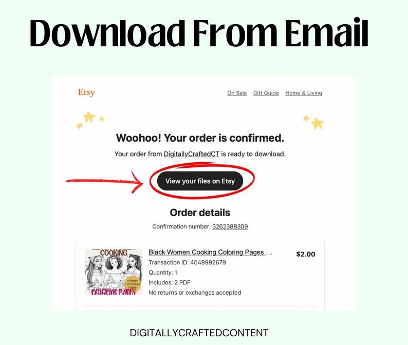 K&ouml;nnte beinhalten: Screenshot einer Etsy-Bestellbest&auml;tigungs-E-Mail. Die E-Mail enth&auml;lt den Text "Woohoo! Your order is confirmed." und eine Schaltfl&auml;che mit der Aufschrift "View your files on Etsy". Die Bestelldetails zeigen einen Kauf von "Black Women Cooking Coloring Pages."