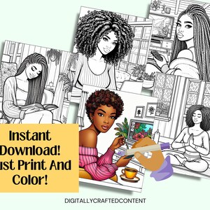 K&ouml;nnte beinhalten: Eine Sammlung von Schwarz-Wei&szlig;-Malvorlagen mit Illustrationen von Frauen in verschiedenen Umgebungen. Die Seiten enthalten den Text "Instant Download! Just Print And Color!" und die Website "Digitallycraftedcontent".