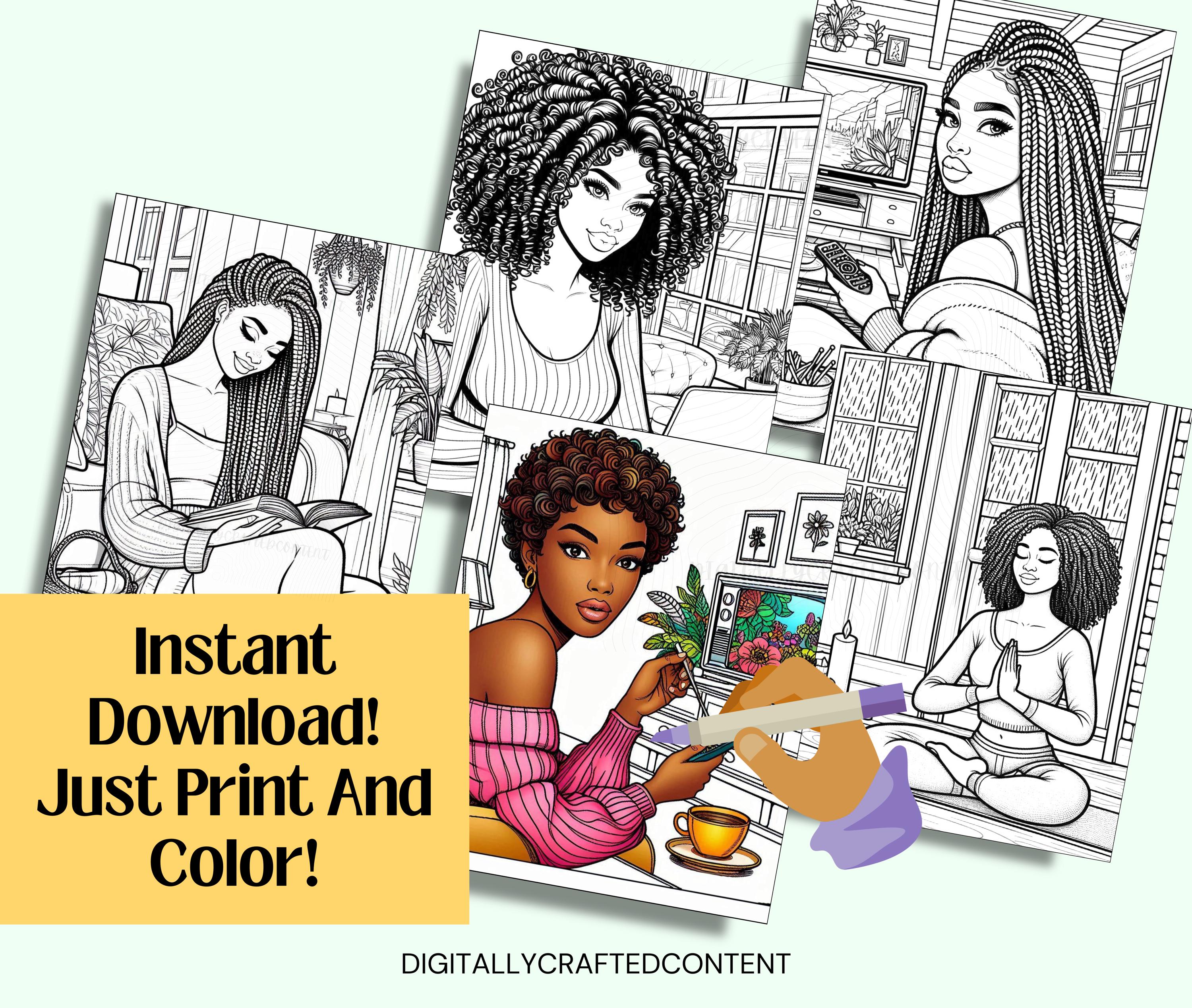 40 Black Women Relaxing Coloring Pages | A Day at Home Coloring Book ...