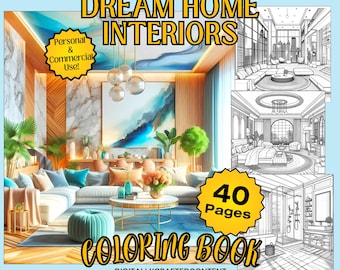 40 Dream Home Interiors Malbuch für den persönlichen und kommerziellen ReSale. Entspannende Erwachsene und Teenager Malbuchseiten digital und druckbar