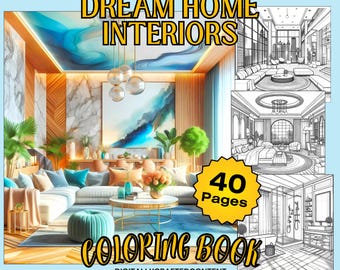 40 Dream Home Interiors Malbuch Seiten | Entspannendes Malbuch für Erwachsene und Teenager Digital & Printable