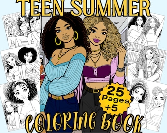 25 schwarze Mädchen Ausmalseiten - Teen Sommer Malbuch für schwarze Frauen, schwarze Mädchen, Teenager in digitaler und druckbarer Form