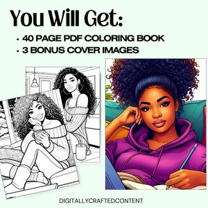 K&ouml;nnte beinhalten: Digitales Malbuch mit drei Coverbildern. Die Coverbilder zeigen Illustrationen von schwarzen Frauen. Der Text lautet: "You Will Get: 40 PAGE PDF COLORING BOOK, 3 BONUS COVER IMAGES." Der untere Teil des Bildes lautet "DIGITALLYCRAFTEDCONTENT."