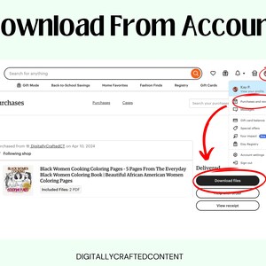 K&ouml;nnte beinhalten: Screenshot einer E-Commerce-Website, die einen Kauf zeigt. Der Text "Download From Account" steht oben. Das Bild hebt den Bereich "K&auml;ufe und Bewertungen" und die Schaltfl&auml;che "Dateien herunterladen" f&uuml;r einen Malbuchkauf hervor.