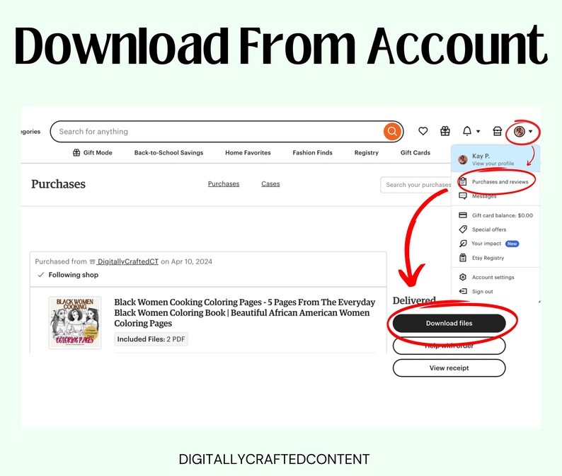 K&ouml;nnte beinhalten: Screenshot einer E-Commerce-Website, die einen Kauf zeigt. Der Text "Download From Account" steht oben. Das Bild hebt den Bereich "K&auml;ufe und Bewertungen" und die Schaltfl&auml;che "Dateien herunterladen" f&uuml;r einen Malbuchkauf hervor.