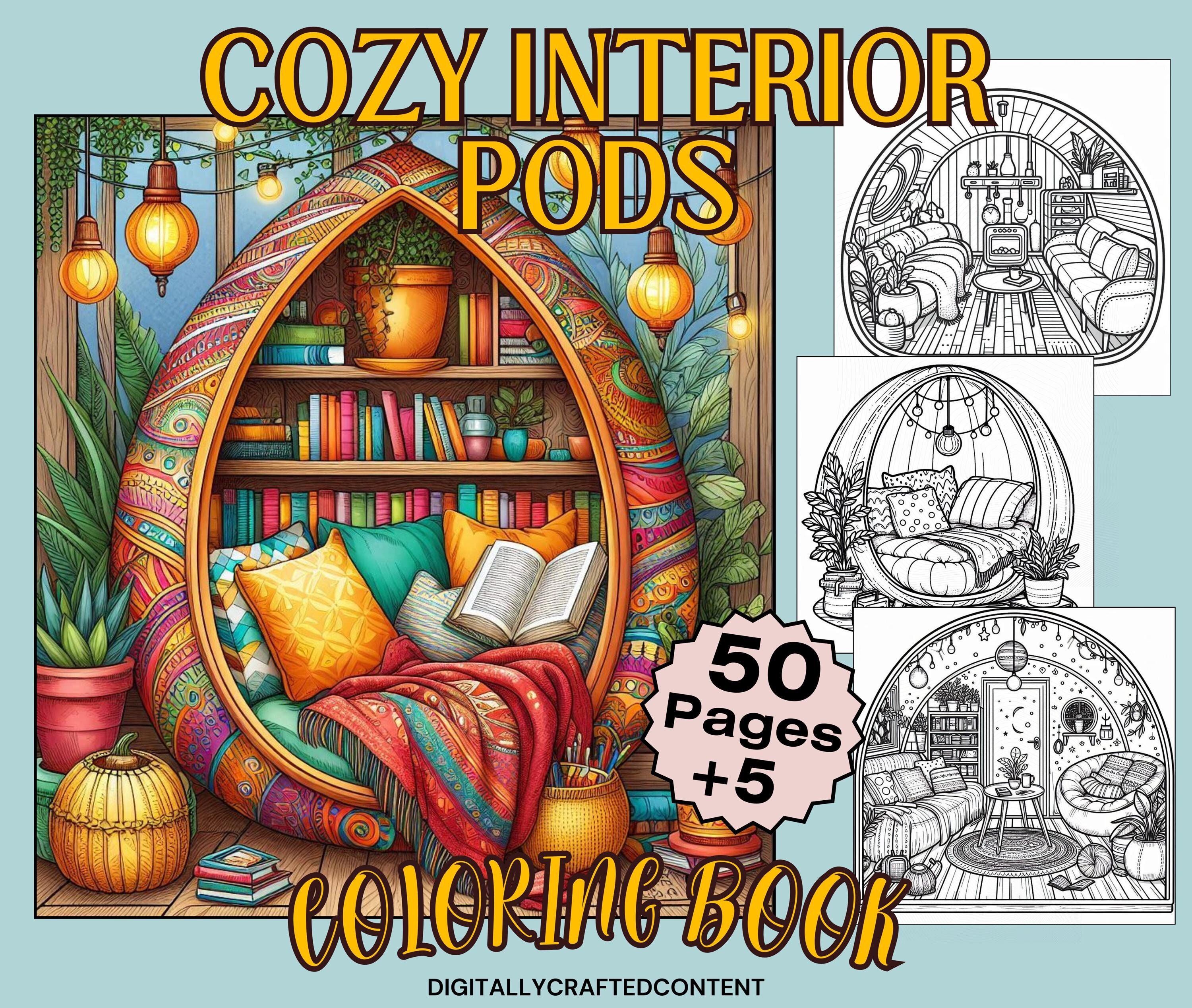 55 Cozy Interior Pods Coloring Book Pages | Cozy Interior Spaces Adult and Teen Coloring Book Pages Digital & Printable, 5 Free Bonus Pages