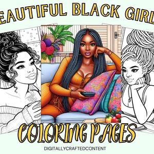 K&ouml;nnte beinhalten: Ausmalbilder mit Illustrationen von schwarzen Frauen. Die Seiten zeigen den Text "BEAUTIFUL BLACK GIRLS" und "COLORING PAGES". Die Illustrationen sind in Farbe und Schwarzwei&szlig; gehalten und zeigen verschiedene Frisuren und Stile.