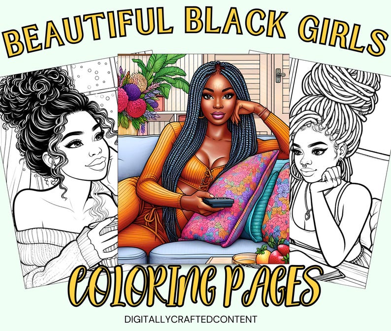 K&ouml;nnte beinhalten: Ausmalbilder mit Illustrationen von schwarzen Frauen. Die Seiten zeigen den Text "BEAUTIFUL BLACK GIRLS" und "COLORING PAGES". Die Illustrationen sind in Farbe und Schwarzwei&szlig; gehalten und zeigen verschiedene Frisuren und Stile.