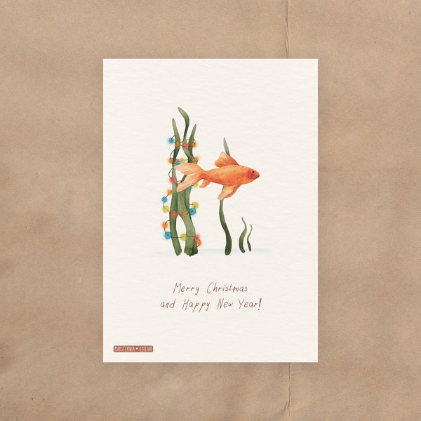 Christmas card with funny goldfish in aquarium | Cards with pets | Postcard with cute fish | Illustrated holiday cards | Minimalism