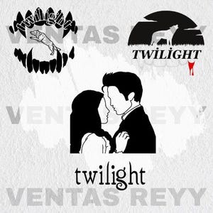 May include: Black and white graphic designs featuring imagery from the Twilight series. Includes a silhouette of a couple, a wolf howling at the moon, and a vampire mouth with a wolf leaping out. The word "Twilight" is also displayed.