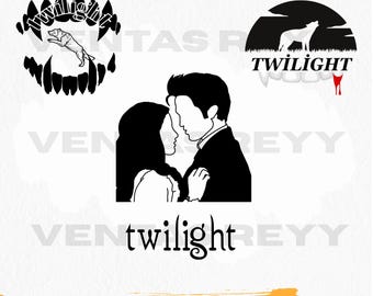May include: A collection of black graphic designs featuring a silhouette of a couple facing each other, a wolf howling at the moon, and a wolf jumping inside a circular set of teeth, all accompanied by the text Twilight in various fonts.