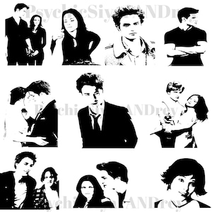 10 numérique SVG Png Eps Pdf Svg Dxf Twilight Bella Edward Alice et Jacop Movie acteurs silhouette et fourchettes Cullens