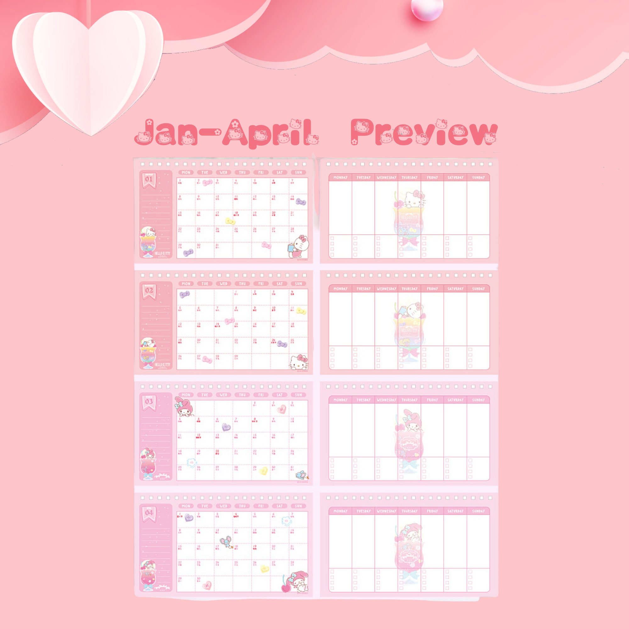 Hello Kitty Desk Calendar Sanrio 2024 Weekly Planner Cute Etsy