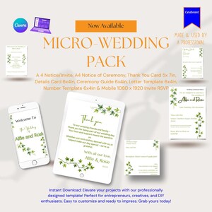 Plantilla de Canva para invitaciones de boda / Conjunto de invitaciones con vegetación de jardín, guía de ceremonia, tarjeta de detalles, invitación móvil y plantilla de carta.