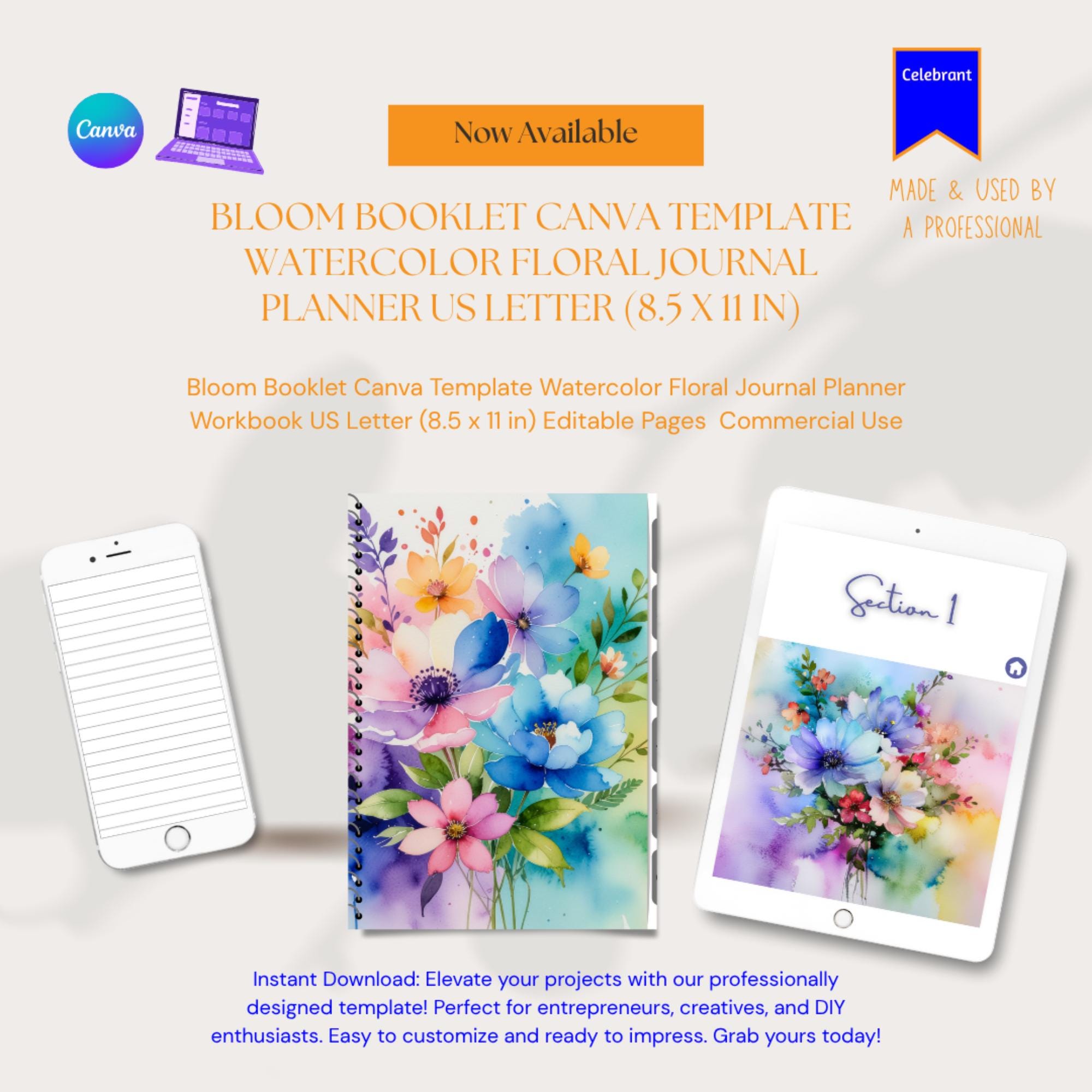 8.5in x 11in Editable Bloom Booklet Canva Template Watercolor Floral Journal Planner Workbook US Letter  Pages  Commercial Use