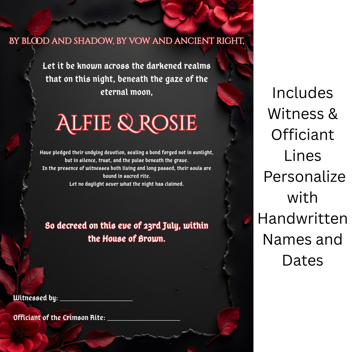 Wedding Certificate Printable – Gothic Blood &amp; Shadow Vow Keepsake for ...