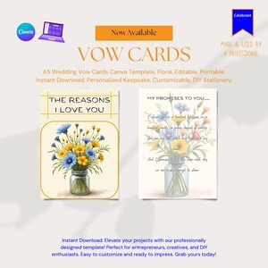A5 bruiloft gelofte kaarten Canva-sjabloon, bloemen, bewerkbaar, afdrukbaar, direct downloaden, gepersonaliseerde aandenken, aanpasbaar, DIY-briefpapier