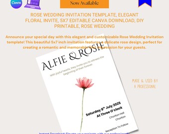 Rose Wedding Invitation Template, Elegant Floral Invite, 5x7 Editable Canva Download, DIY Printable, Rose Wedding