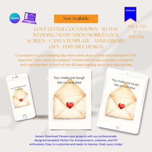 Love Letter Countdown - 30-Day Wedding Motivation Mobile Lock Screen - Canva Template - Anniversary Gift - Editable Design