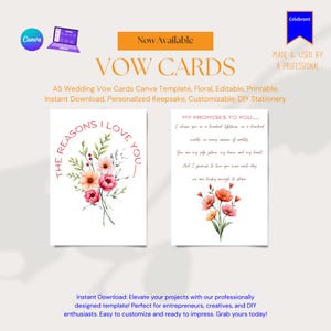 Modelo de cartão de votos de casamento A5 Canva, design floral, personalizável, para impressão, papelaria de casamento faça você mesmo, download instantâneo, editável