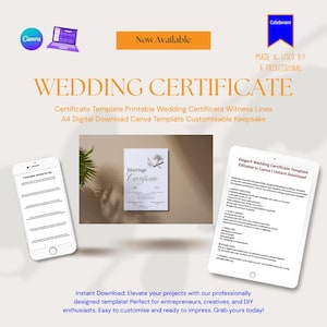 Elegante plantilla de certificado de matrimonio imprimible, certificado de matrimonio, líneas de testigos, A4, descarga digital, plantilla Canva, recuerdo personalizable