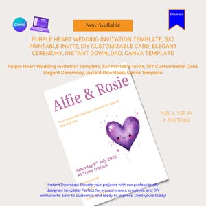 Purple Heart Wedding Invitation Template, 5x7 Printable Invite, DIY Customizable Card, Elegant Ceremony, Instant Download, Canva Template