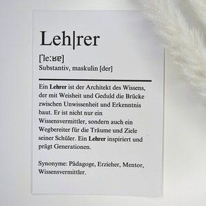 Karte Definition Lehrer | Definitionskarte alle Anlässe| minimalistisch, liebevoll | A6 Klappkarte | Freundschaft,Dankbarkeit,Wertschätzung