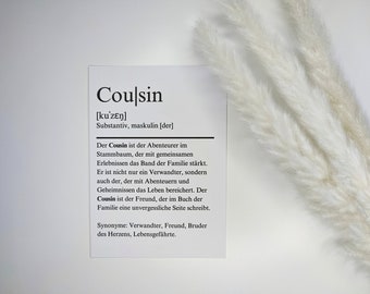 Karte Definition Cousin | Definitionskarte alle Anlässe | minimalistisch, liebevoll | A6 Klappkarte | Freundschaft,Dankbarkeit,Liebe,Familie