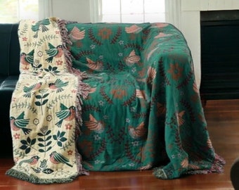 Handgemachte Boho Decke, Nordische gewebte Baumwolle Decke, Orange Grün Beige Blumen Sofa Decke, Frühling/Herbst Decke, Wohnkultur