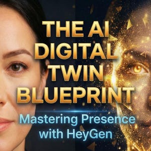 May include: A promotional image with the text "THE AI DIGITAL TWIN BLUEPRINT" in gold lettering. The image features a woman's face on the left and a digital rendering of a face on the right. The text "Mastering Presence with HeyGen" is also included.