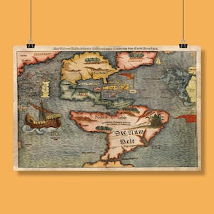 Première carte du Nouveau Monde (Amérique) de Sebastian Münster (1540) | Ancienne carte de l'Amérique | carte vintage de l'Amérique carte du vieux monde | Carte du monde vintage