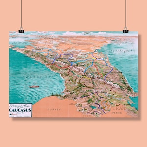 Pictorial Map Of The Caucasus (1930) | Caucasus Map | Kaukasus Karte | USSR Maps | Soviet Maps | Vintage Map Wall Art