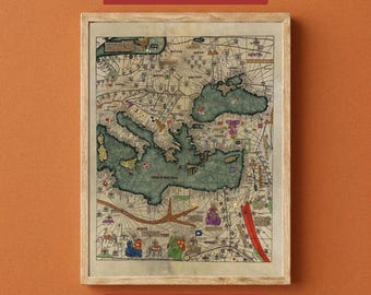 May include: A framed reproduction of the Catalan Atlas, a medieval map featuring the Mediterranean Sea, landmasses, and intricate illustrations in muted tones. The text CATALAN ATLAS PDF and DIGITAL DOWNLOAD is displayed above and below the frame.