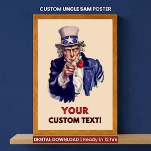 May include: A framed poster featuring an illustration of Uncle Sam pointing forward, wearing a blue jacket, white shirt, red bowtie, and a top hat with a white star. The text CUSTOM UNCLE SAM POSTER appears at the top, and YOUR CUSTOM TEXT! is below.