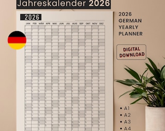 Jahreskalender 2026: Jahresplaner 2026, PRINTABLE German Wall Calendar & Planner, A1, A2, A3