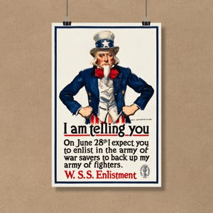 Uncle Sam WWI Propaganda Poster | Uncle Sam I&#39;m Telling You | US Patriotic Poster | US History Patriotic Military Wall Art | War Poster