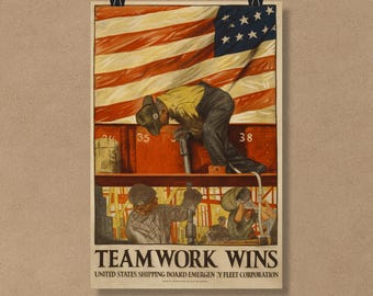 WWI Propaganda Poster, American Military Wall Art, Patriotic Prints, Teamwork Wins